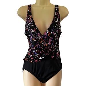 Embrace Your Curves Size S 4/6 Black One Piece Swimsuit with Print Overlay NWT